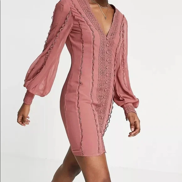 ASOS | Dresses | Asos Design Blouson Sleeve Mini Dress With Lace And Button  Detail In Blush | Poshmark